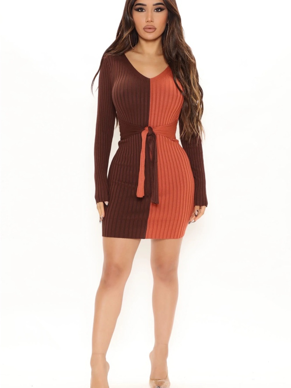 Fashion Nova Ribbed Wrap Dress - Brown & Rust Orange